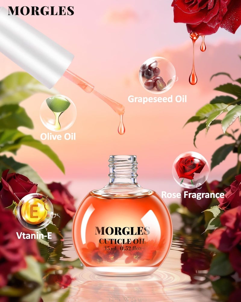 MORGLES طقم مزيل الجلد الميت، 100/180 مبرد أظافر وكتل تلميع الأظافر، 1 قطعة زيت جلد ميت بالورد وأدوات باديكير ومانيكير احترافية، قاطع للأظافر اليدوية والقدمية - Image 2